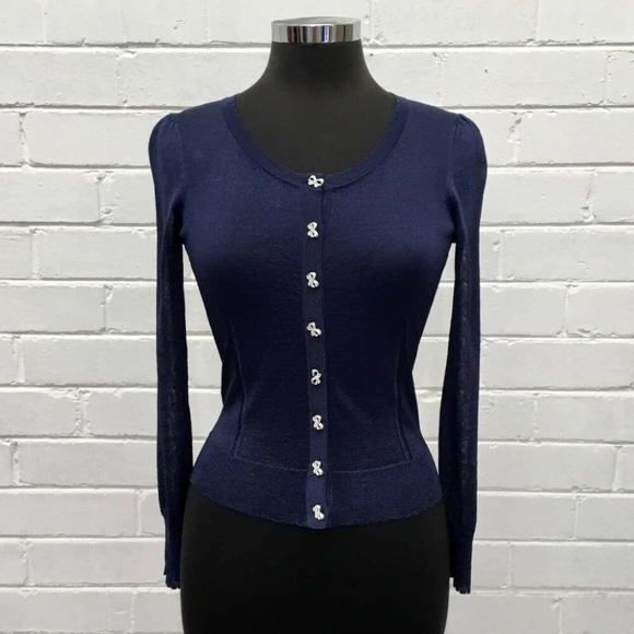 ALANNAH HILL Maybe Baby Blue Sparkly Bow Button Cardi Cropped Cardigan RRP$169 - Picture 6 of 8